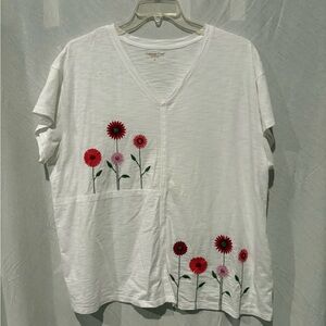 Coldwater Creek White Top with Red and Pink Floral Embroidery